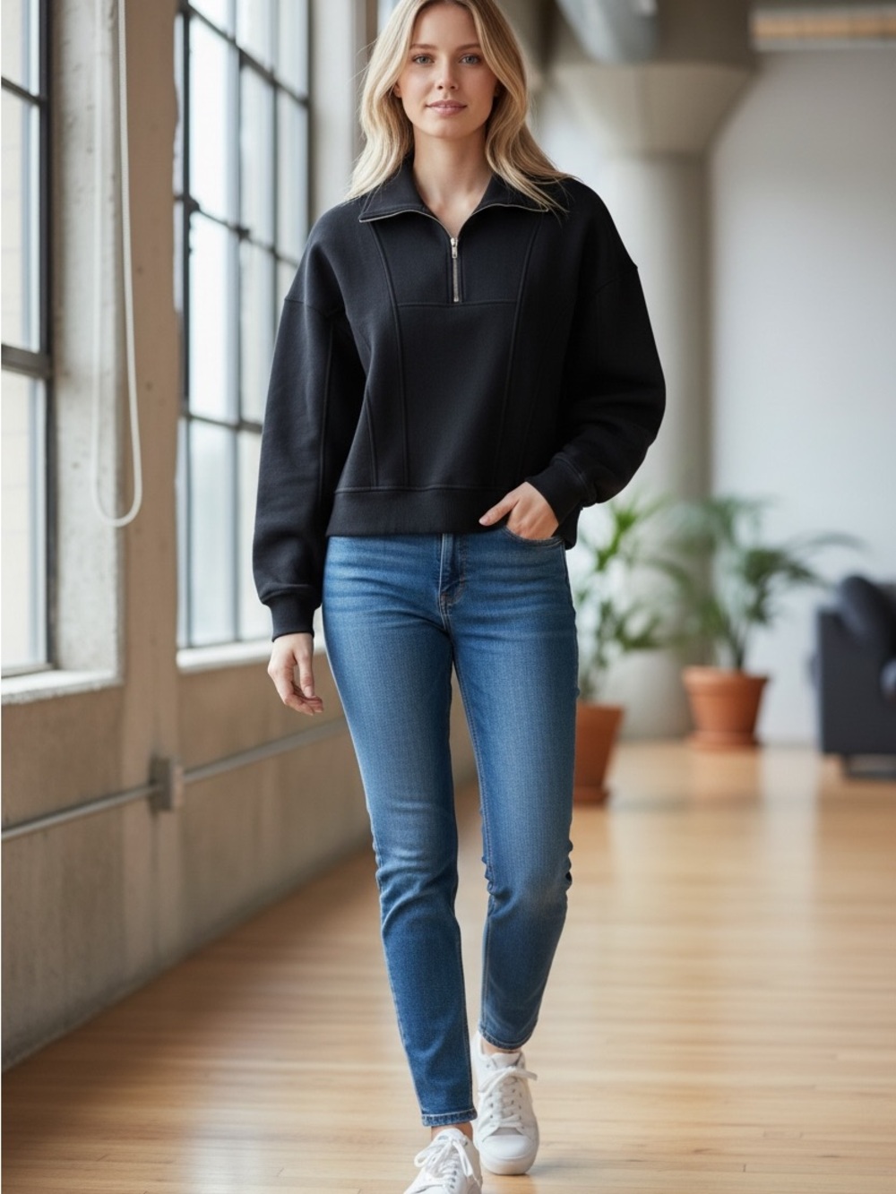 Saint Laurent Black Long Sleeve 1/2 Zip Pullover Sweatshirt, Logo, Women's S